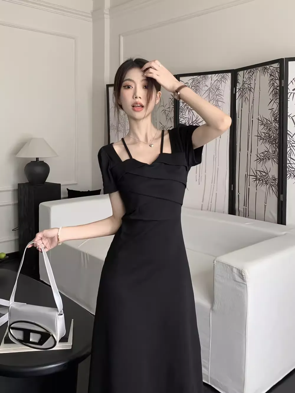 - Black Short Sleeves Dress  GEU1529