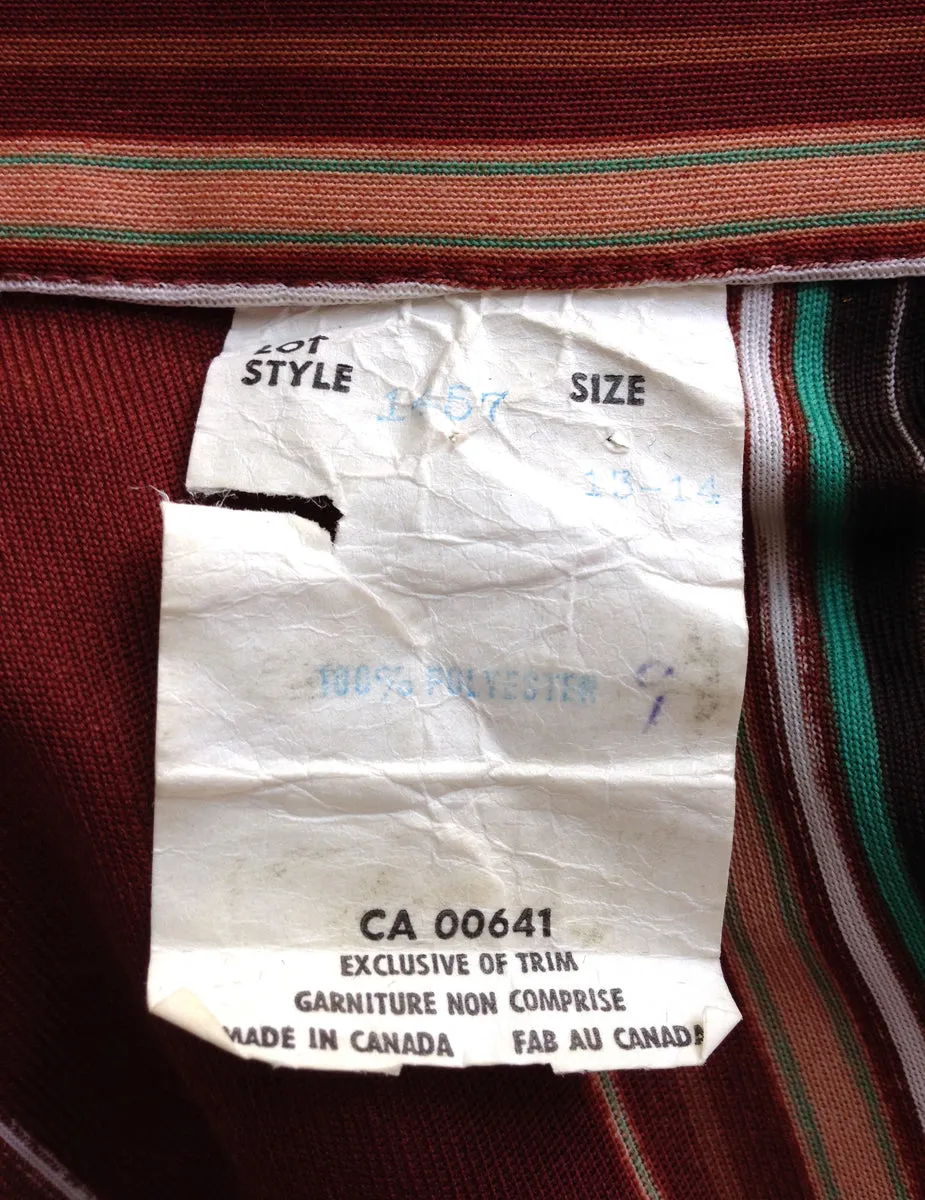 1970s Brown V Neck Top Green Stripes