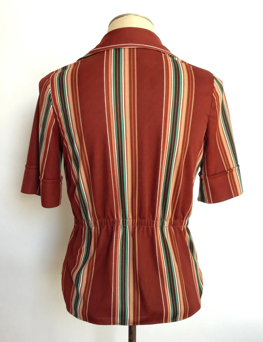 1970s Brown V Neck Top Green Stripes