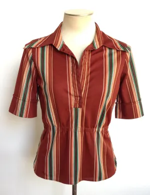 1970s Brown V Neck Top Green Stripes