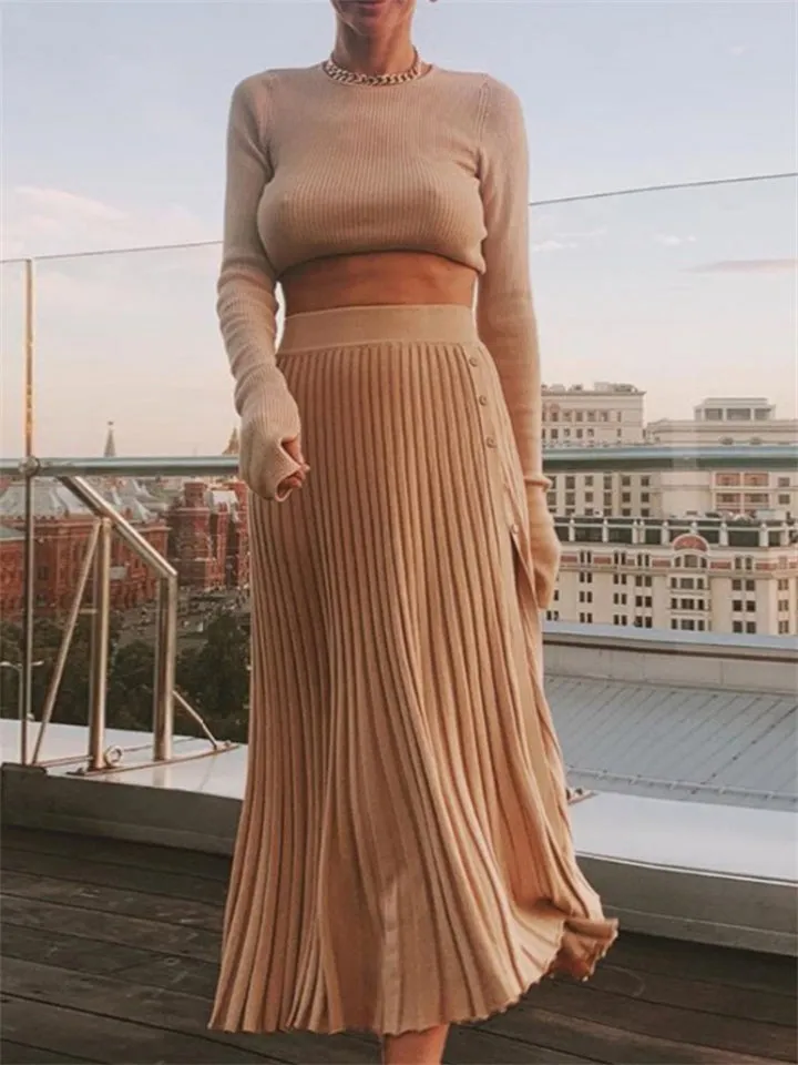 2-Piece Charming Round Neck Solid Color Sweater Loose Slit Hem Button Sweater Skirt