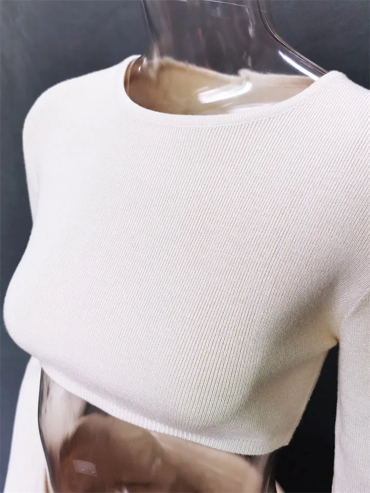 2-Piece Charming Round Neck Solid Color Sweater Loose Slit Hem Button Sweater Skirt