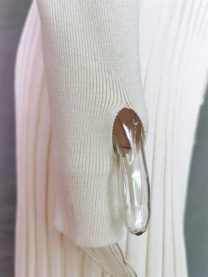 2-Piece Charming Round Neck Solid Color Sweater Loose Slit Hem Button Sweater Skirt
