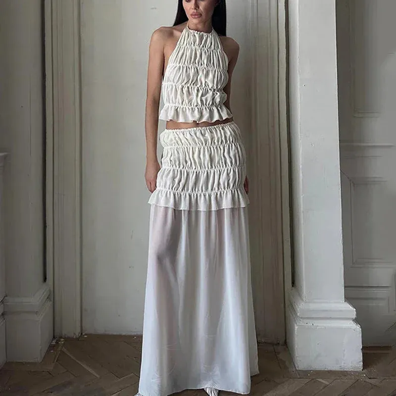 2024 New Summer Female 2 Piece Set Outfits Fashion Halter Neck Long Skirt Suit Women Backless Sling Top Lace Up Fold Maxi Skirts