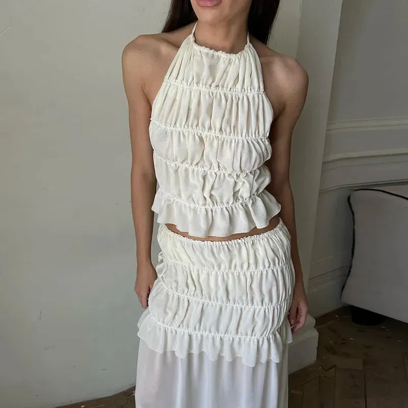 2024 New Summer Female 2 Piece Set Outfits Fashion Halter Neck Long Skirt Suit Women Backless Sling Top Lace Up Fold Maxi Skirts