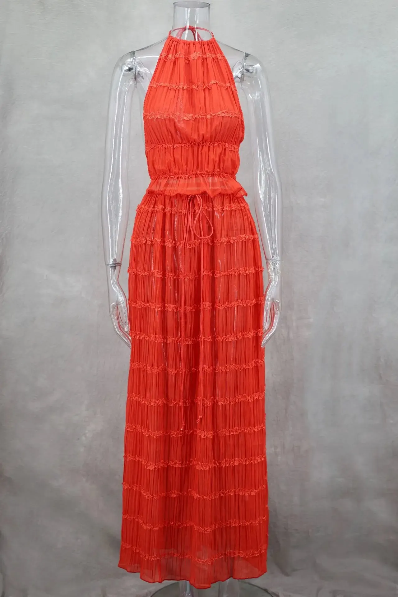 2024 New Summer Female 2 Piece Set Outfits Fashion Halter Neck Long Skirt Suit Women Backless Sling Top Lace Up Fold Maxi Skirts