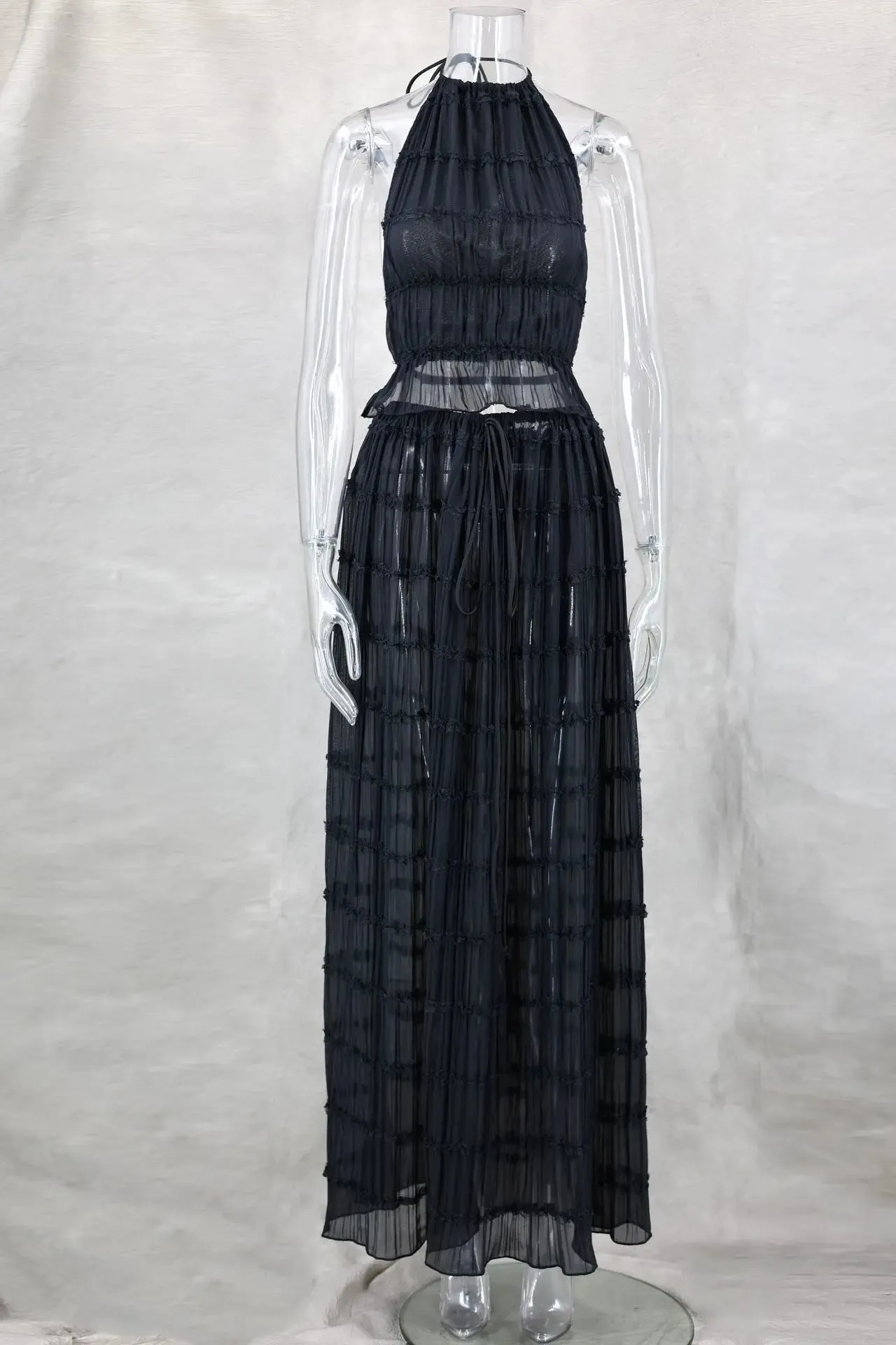 2024 New Summer Female 2 Piece Set Outfits Fashion Halter Neck Long Skirt Suit Women Backless Sling Top Lace Up Fold Maxi Skirts