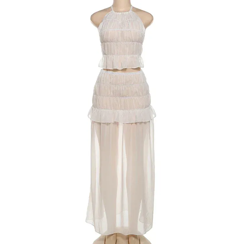 2024 New Summer Female 2 Piece Set Outfits Fashion Halter Neck Long Skirt Suit Women Backless Sling Top Lace Up Fold Maxi Skirts