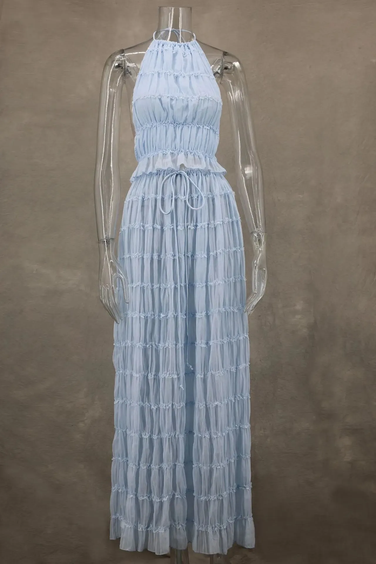 2024 New Summer Female 2 Piece Set Outfits Fashion Halter Neck Long Skirt Suit Women Backless Sling Top Lace Up Fold Maxi Skirts