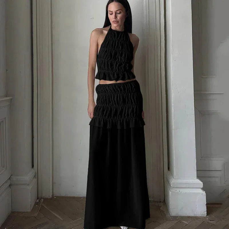 2024 New Summer Female 2 Piece Set Outfits Fashion Halter Neck Long Skirt Suit Women Backless Sling Top Lace Up Fold Maxi Skirts
