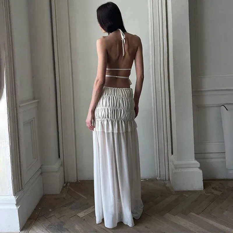 2024 New Summer Female 2 Piece Set Outfits Fashion Halter Neck Long Skirt Suit Women Backless Sling Top Lace Up Fold Maxi Skirts