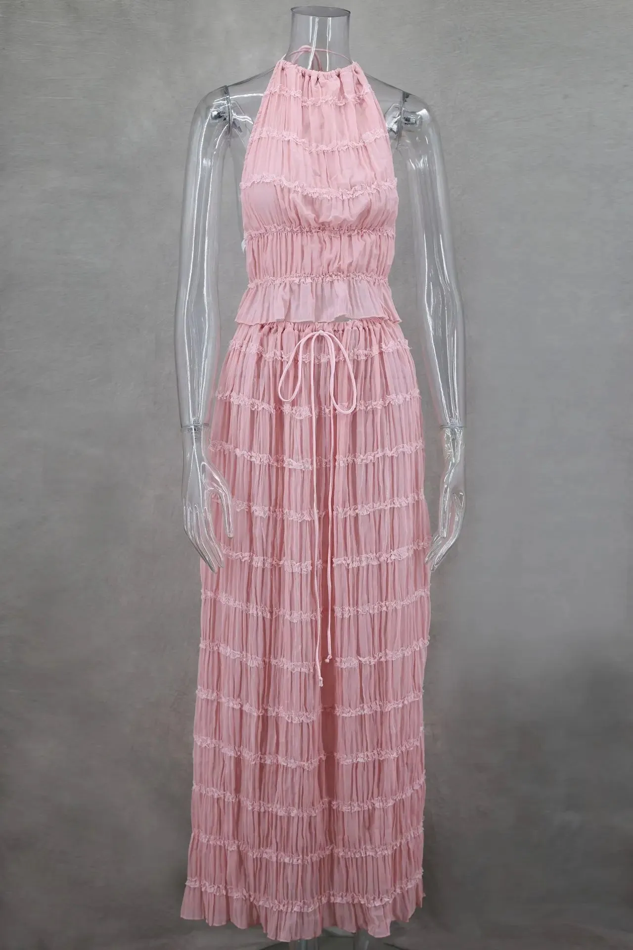 2024 New Summer Female 2 Piece Set Outfits Fashion Halter Neck Long Skirt Suit Women Backless Sling Top Lace Up Fold Maxi Skirts
