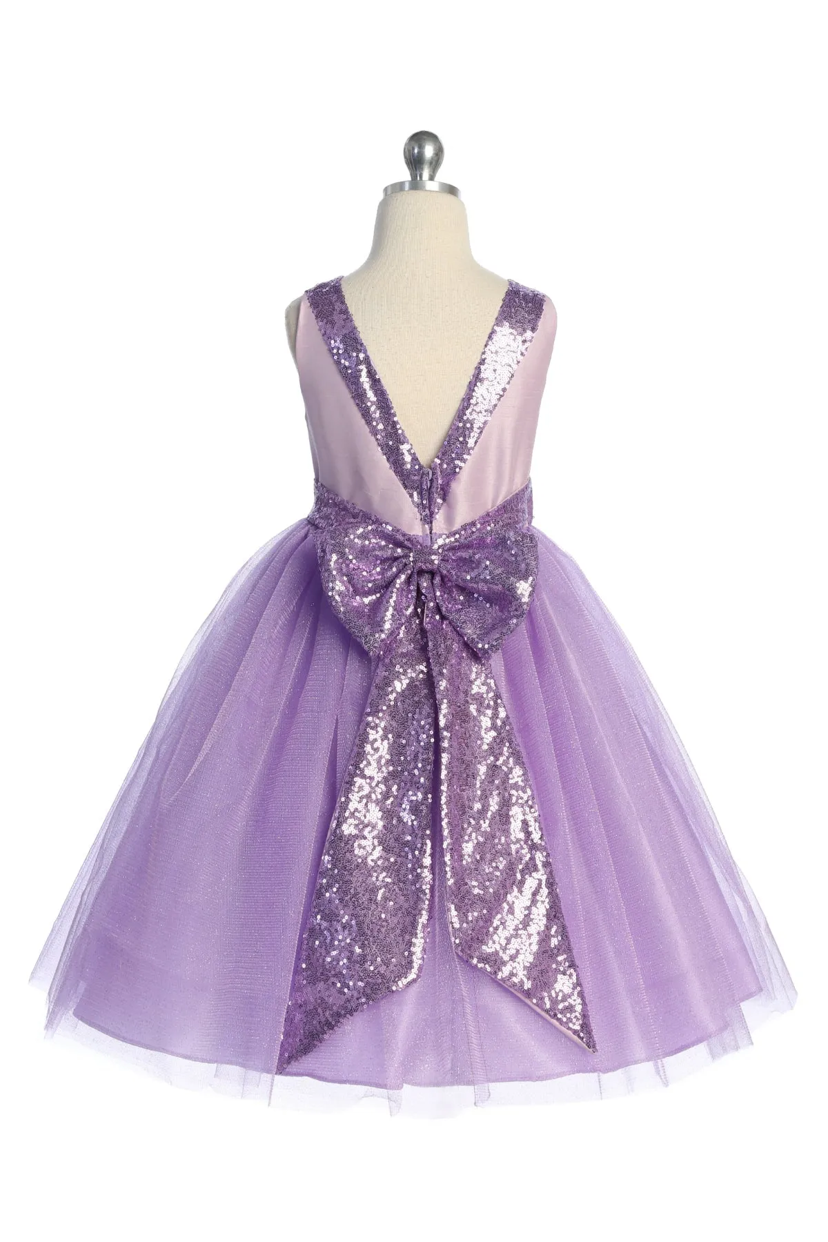 498 Matching Sequins V Back & Bow Girls Dress with Plus Sizes