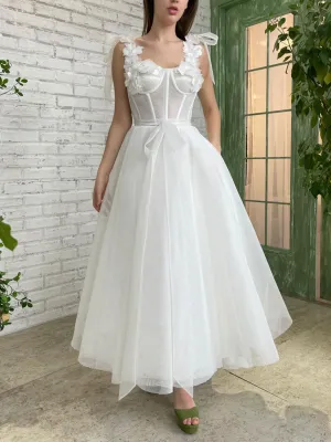 A line 3d applique short white prom dress, tea length formal party dress