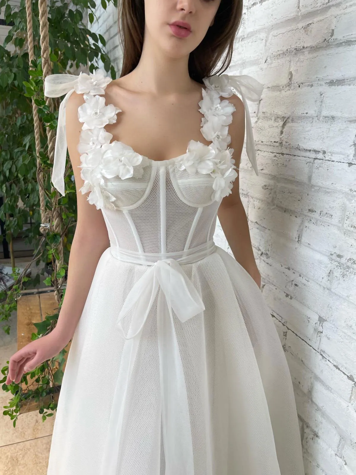 A line 3d applique short white prom dress, tea length formal party dress