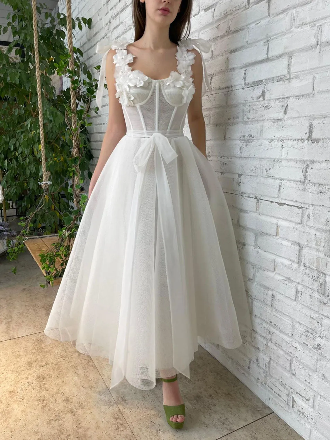 A line 3d applique short white prom dress, tea length formal party dress