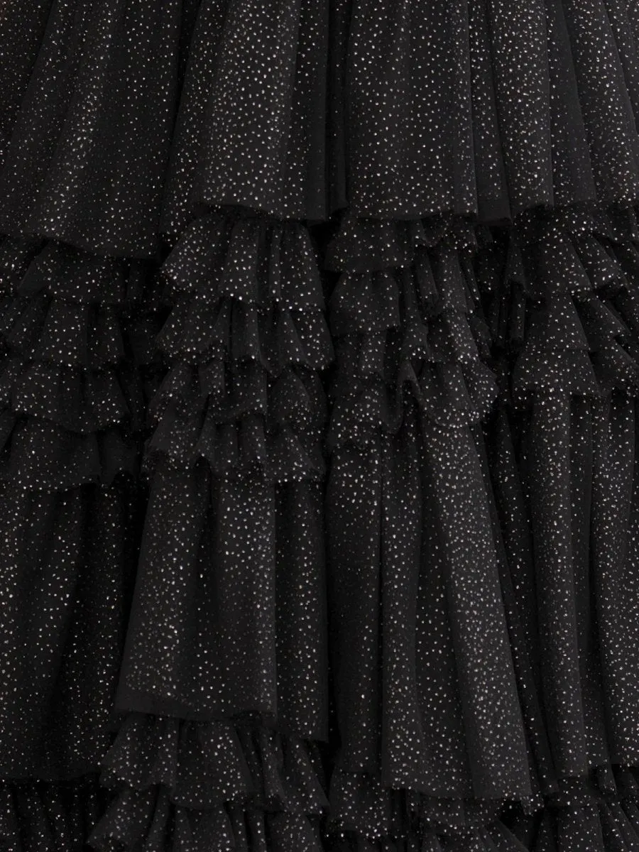 A-line Deep V Neck Tie Long Glitter Tulle Prom Dresses