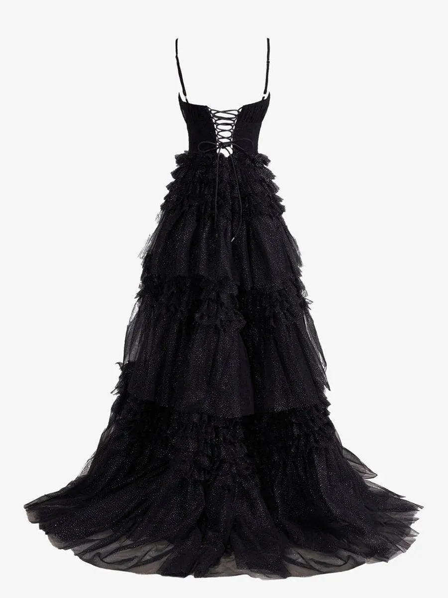 A-line Deep V Neck Tie Long Glitter Tulle Prom Dresses