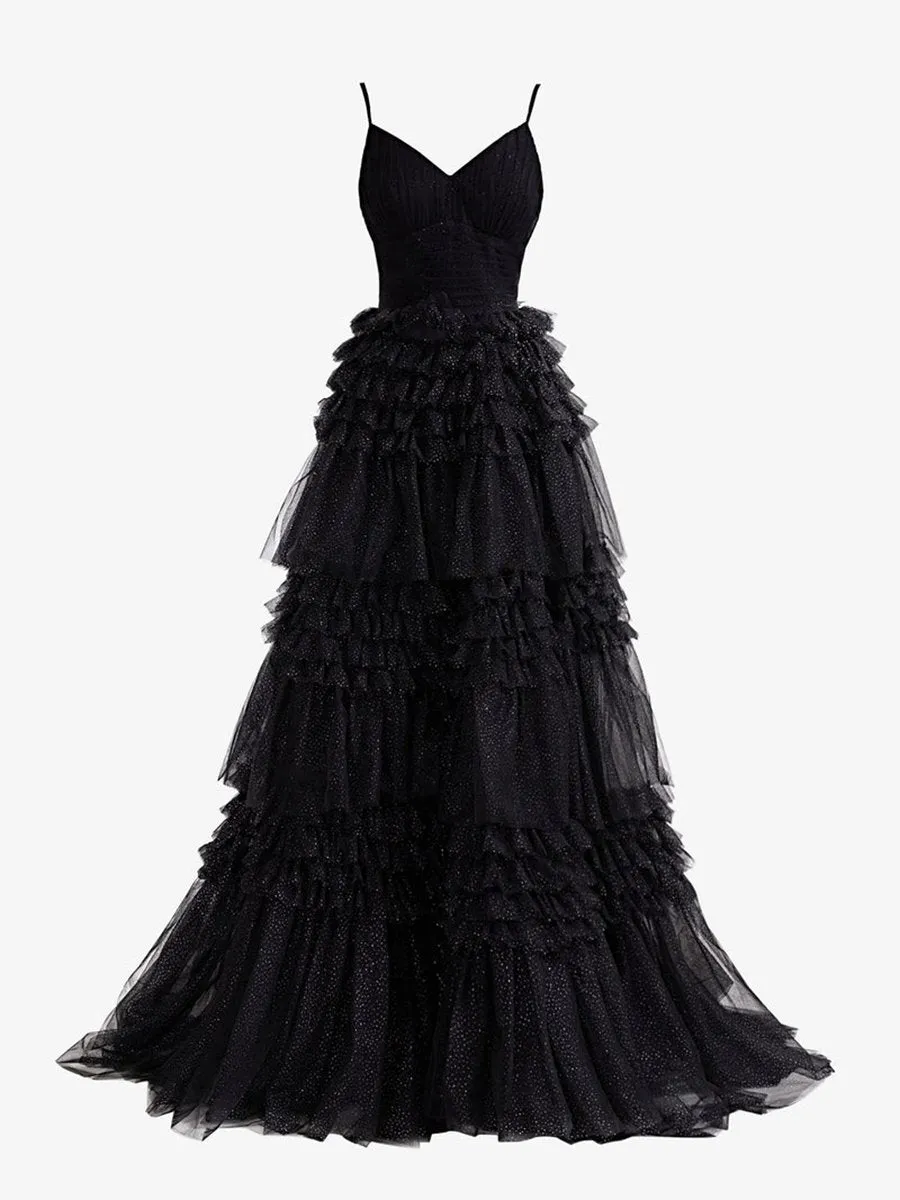 A-line Deep V Neck Tie Long Glitter Tulle Prom Dresses