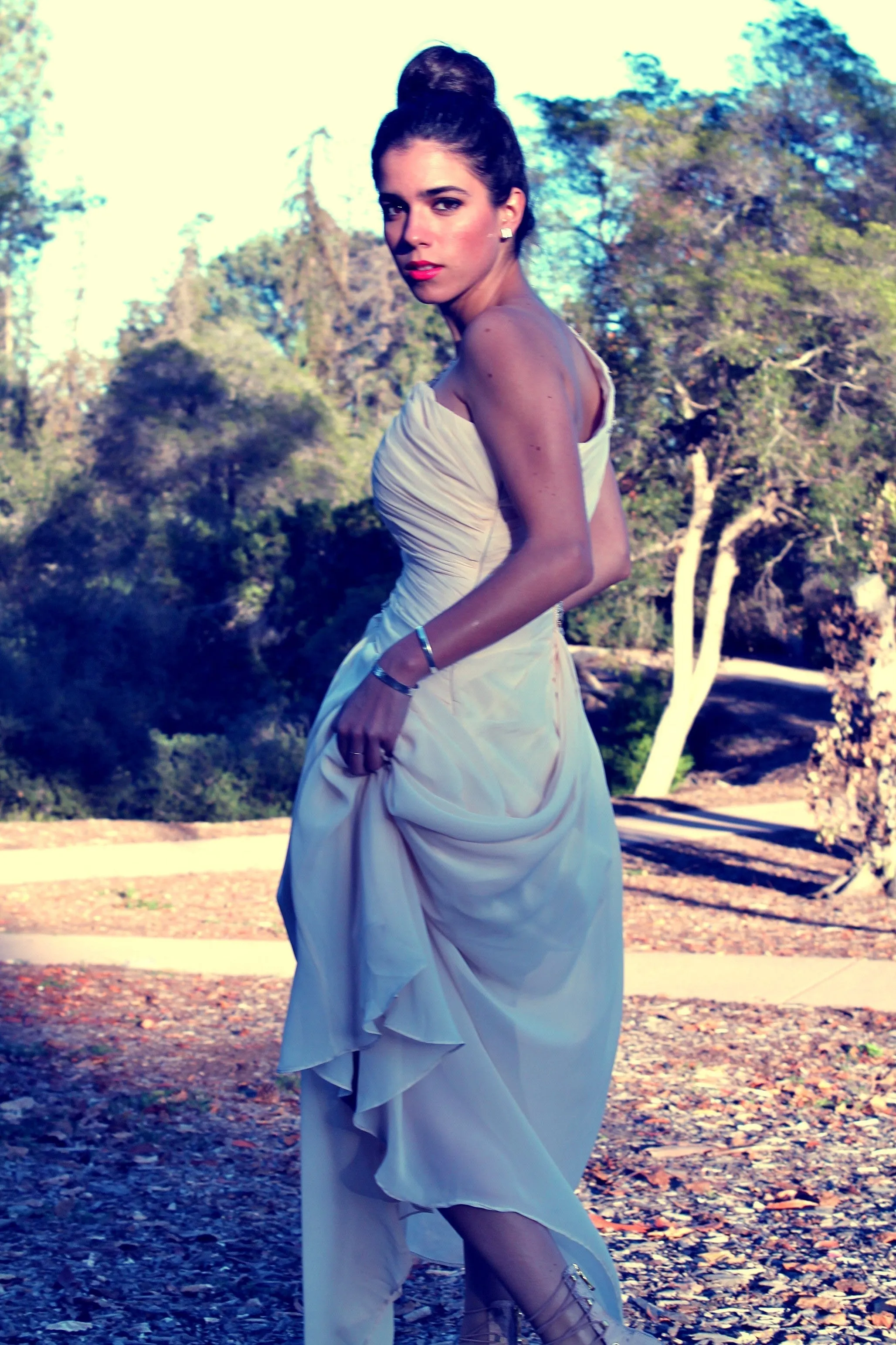 A-line One-shoulder Floor Length Chiffon Beaded Short Sleeve Prom Dress
