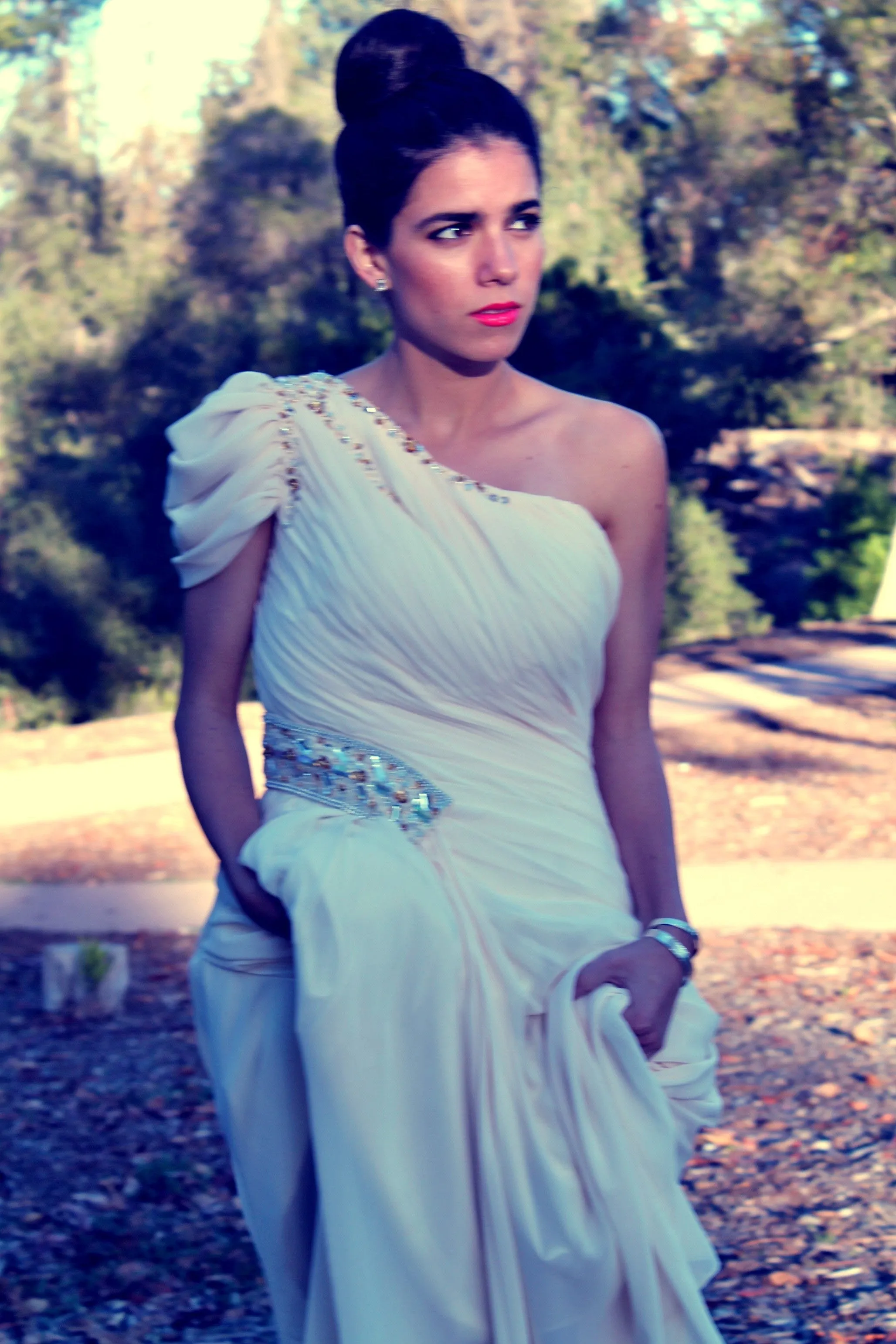 A-line One-shoulder Floor Length Chiffon Beaded Short Sleeve Prom Dress