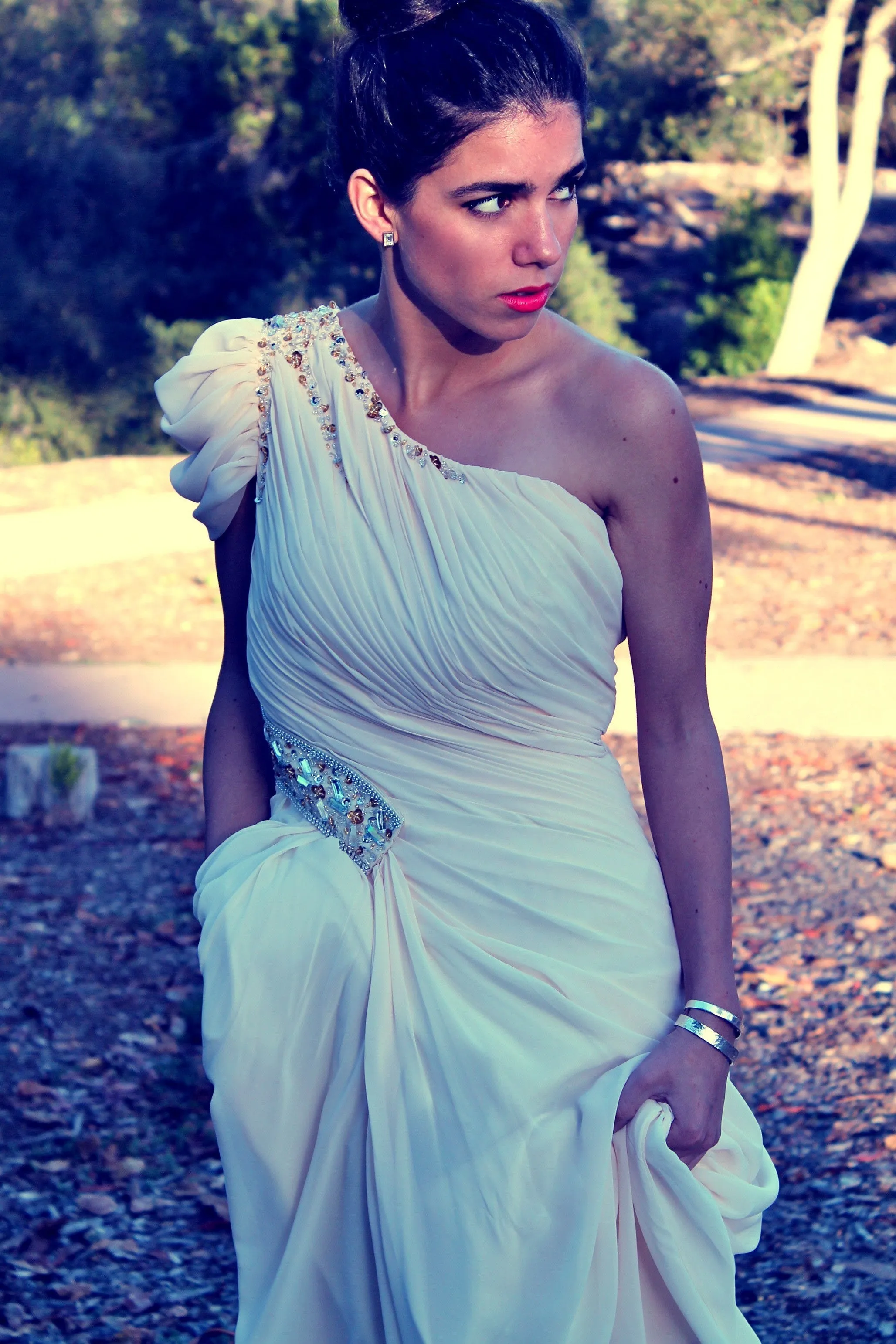 A-line One-shoulder Floor Length Chiffon Beaded Short Sleeve Prom Dress