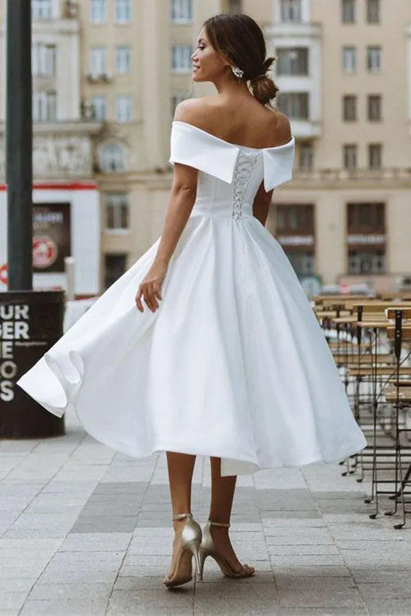 A-line Satin Off Shoulder Tea-Length Wedding Dresses, Wedding Gown, MW721