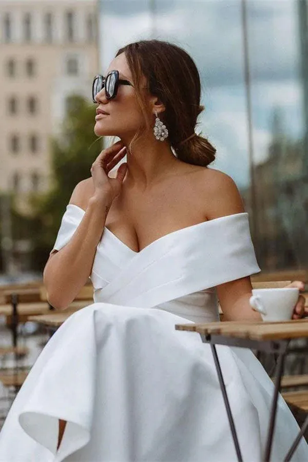 A-line Satin Off Shoulder Tea-Length Wedding Dresses, Wedding Gown, MW721