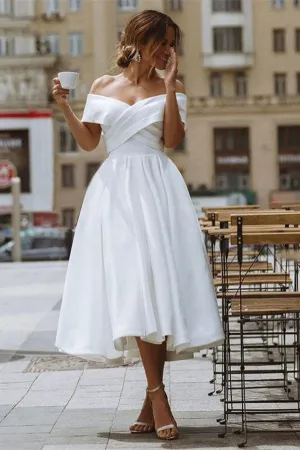 A-line Satin Off Shoulder Tea-Length Wedding Dresses, Wedding Gown, MW721