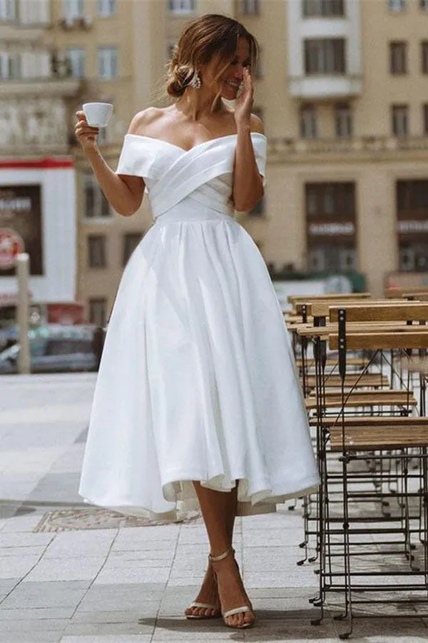 A-line Satin Off Shoulder Tea-Length Wedding Dresses, Wedding Gown, MW721