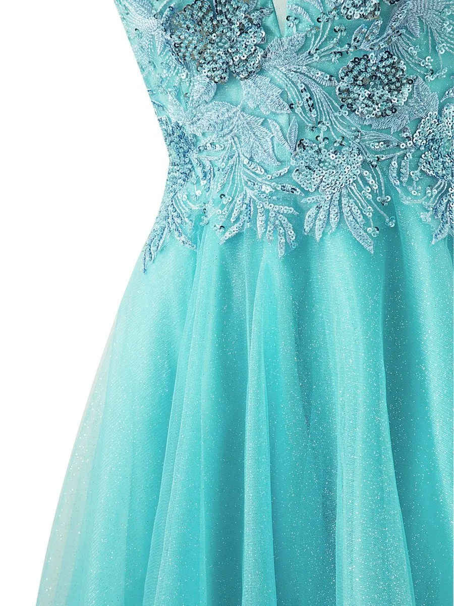 A-line Short Spaghetti Strap Glitter Tulle Homecoming Dresses
