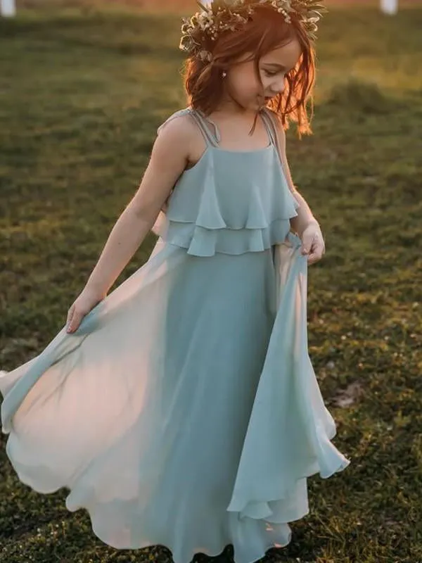 A-line Spaghetti Straps Floor-length Ruffles Chiffon Flower Girl Dresses, FG095