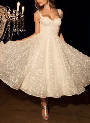 A-line Sparkly Sequined Tea-Length Wedding Dresses