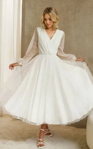 A-line Tulle Tea-Length Long Sleeve Wedding Dresses