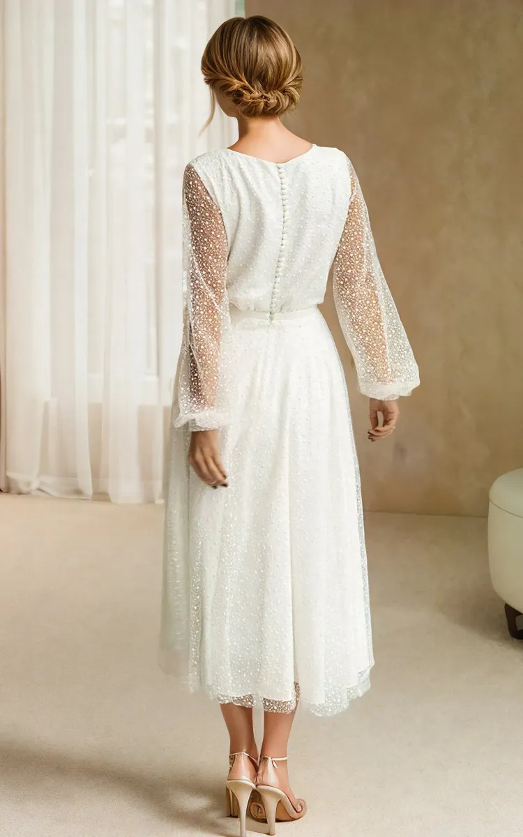 A-line Tulle Tea-Length Long Sleeve Wedding Dresses