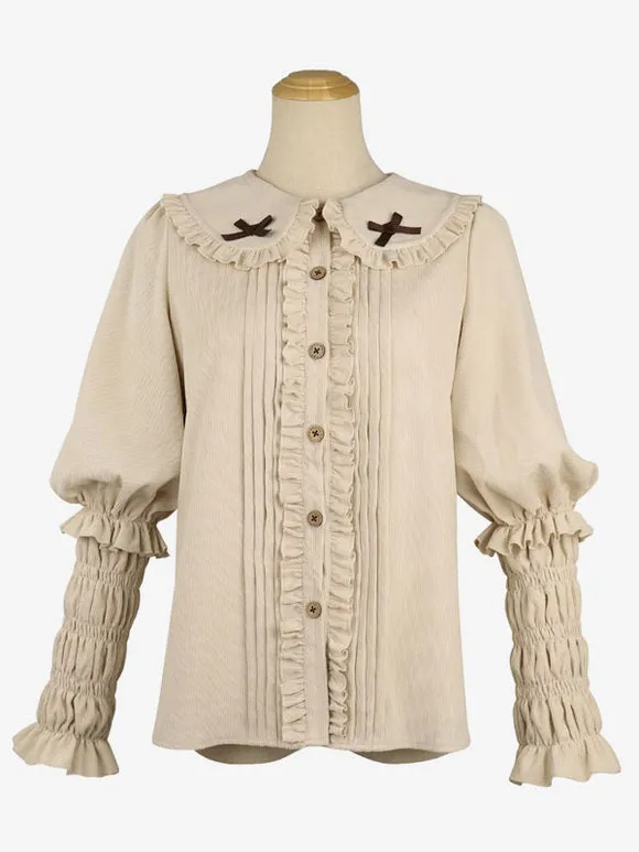 Academic Lolita Blouses Ruffles Lolita Top Long Sleeves Blouse Ecru White Lolita Shirt