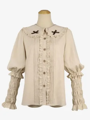 Academic Lolita Blouses Ruffles Lolita Top Long Sleeves Blouse Ecru White Lolita Shirt