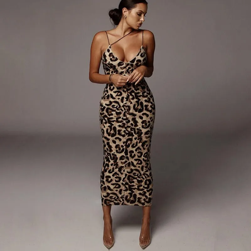 Animal Print Spaghetti Strap V-Neck Midi Dress