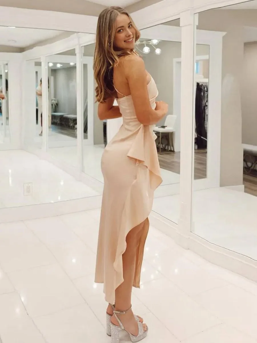 Asymmetrical One Shoulder Slit Ruffle Prom Dresses