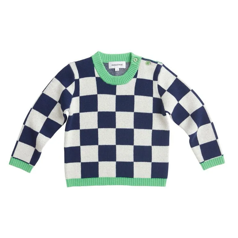 Atelier/Child - Boys Merino Cashmere Blend Checkers Sweater, Navy/Green