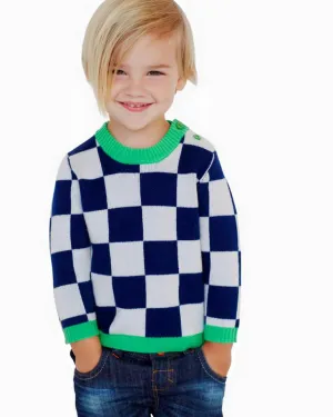 Atelier/Child - Boys Merino Cashmere Blend Checkers Sweater, Navy/Green