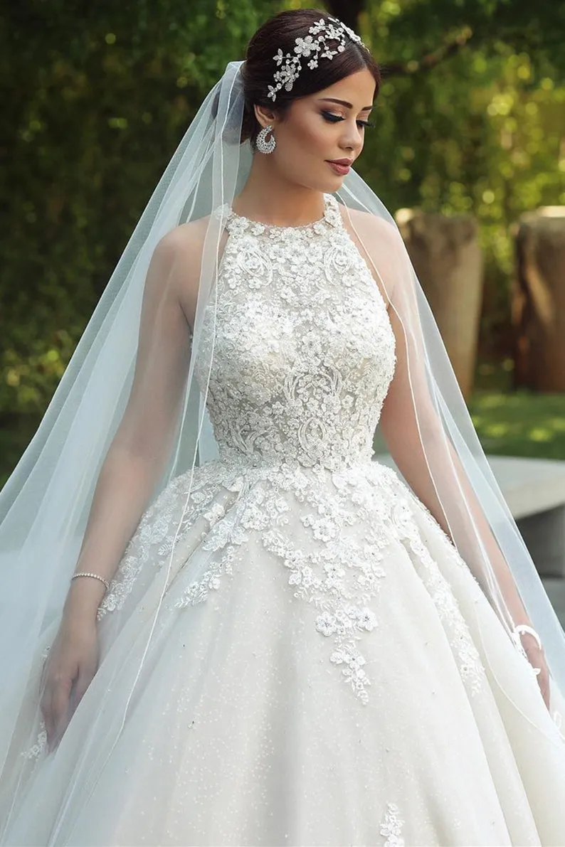 Ball Gown Halter Floor Length Backless Tulle Lace Applique Wedding Dress