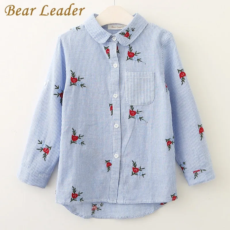 Bear Leader Girls Shirts 2018 New Spring Brand Baby Girls Blouse Red Flowers Embroidery Strip Kids Shirts Children Clothing