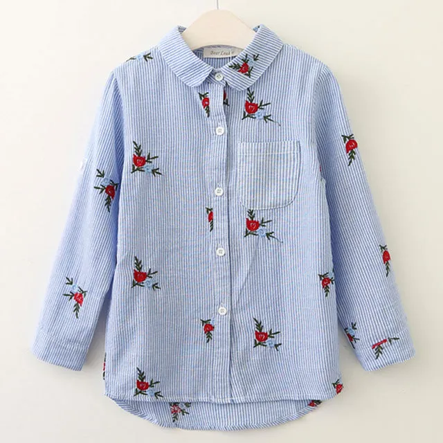 Bear Leader Girls Shirts 2018 New Spring Brand Baby Girls Blouse Red Flowers Embroidery Strip Kids Shirts Children Clothing