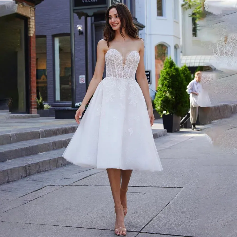 Beautiful Sweetheart Lace Applique Tea Length A Line Wedding Dresses Custom Made Bridal Grown 2025 Vestido De Noival