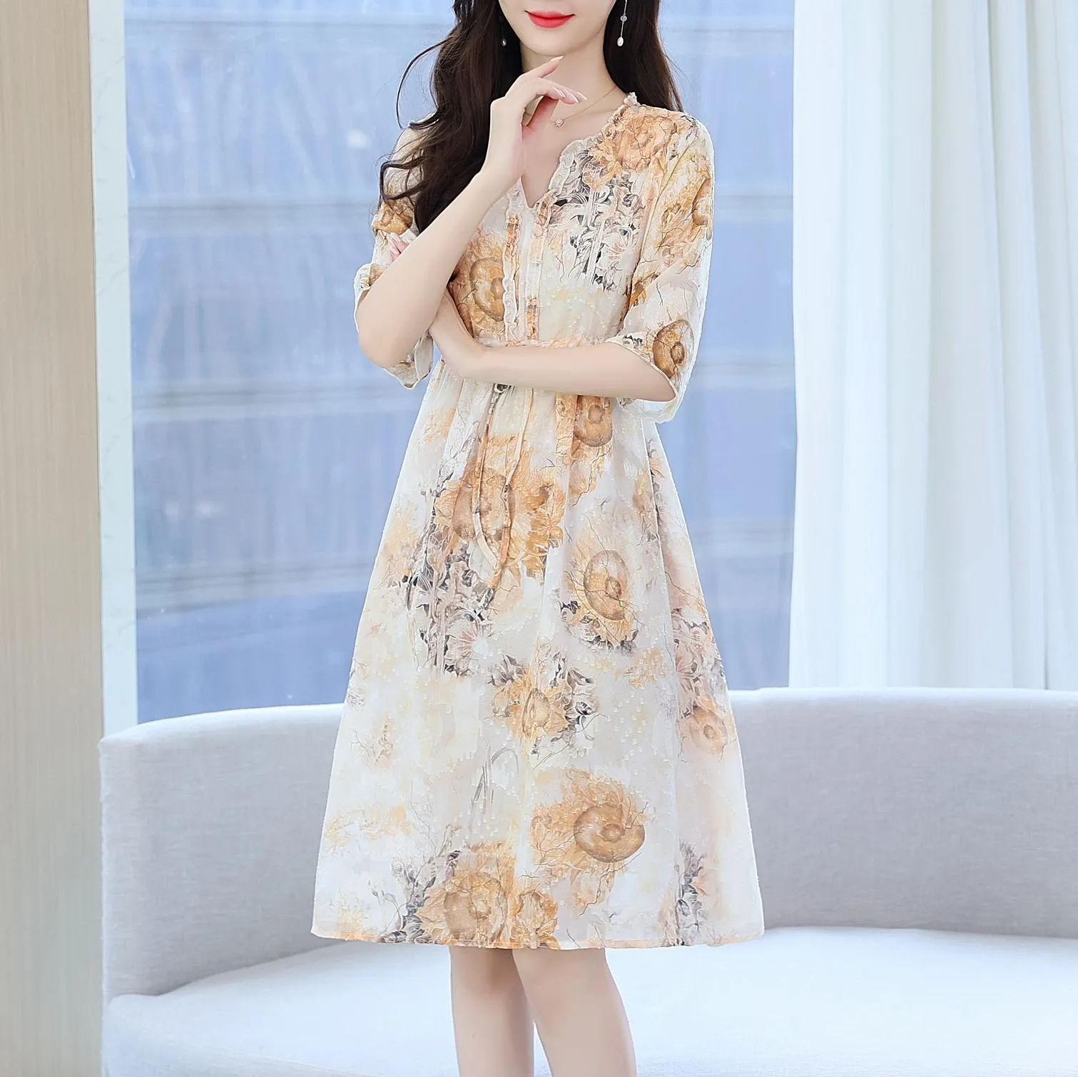Beautiful V-Neck Beach Dress with Floral Print