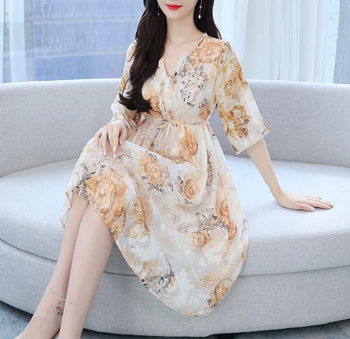 Beautiful V-Neck Beach Dress with Floral Print