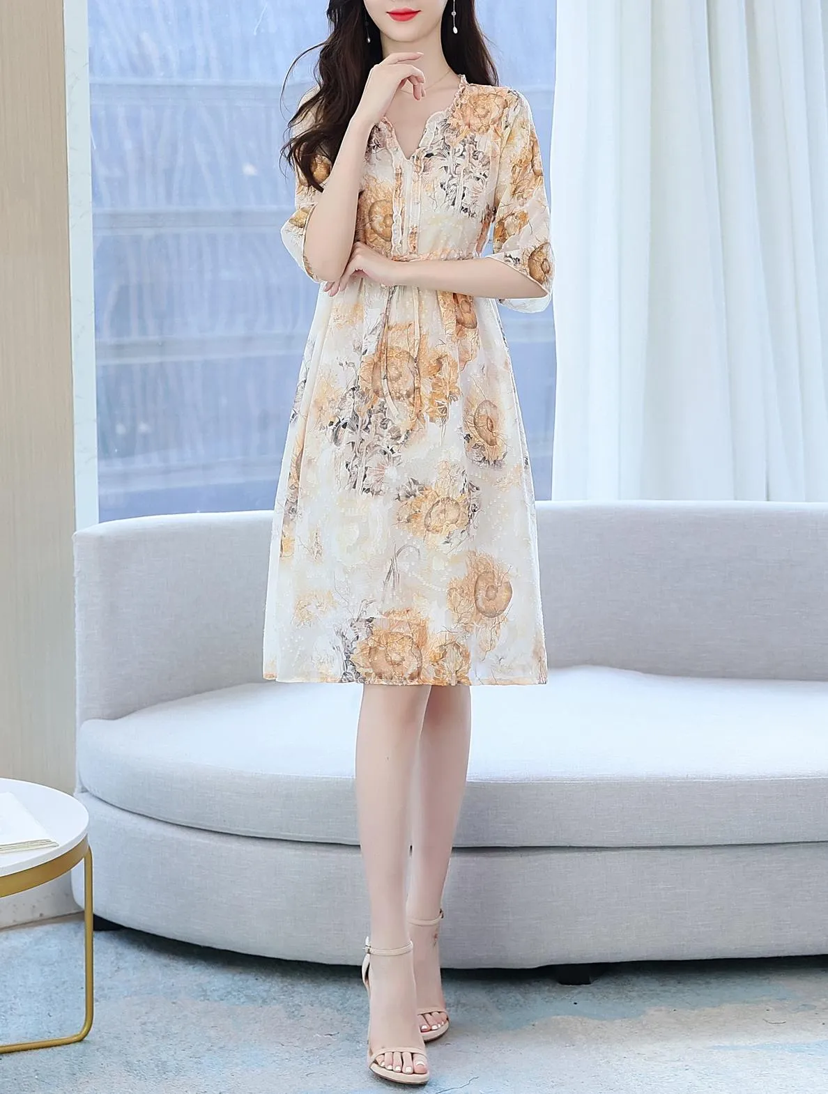 Beautiful V-Neck Beach Dress with Floral Print
