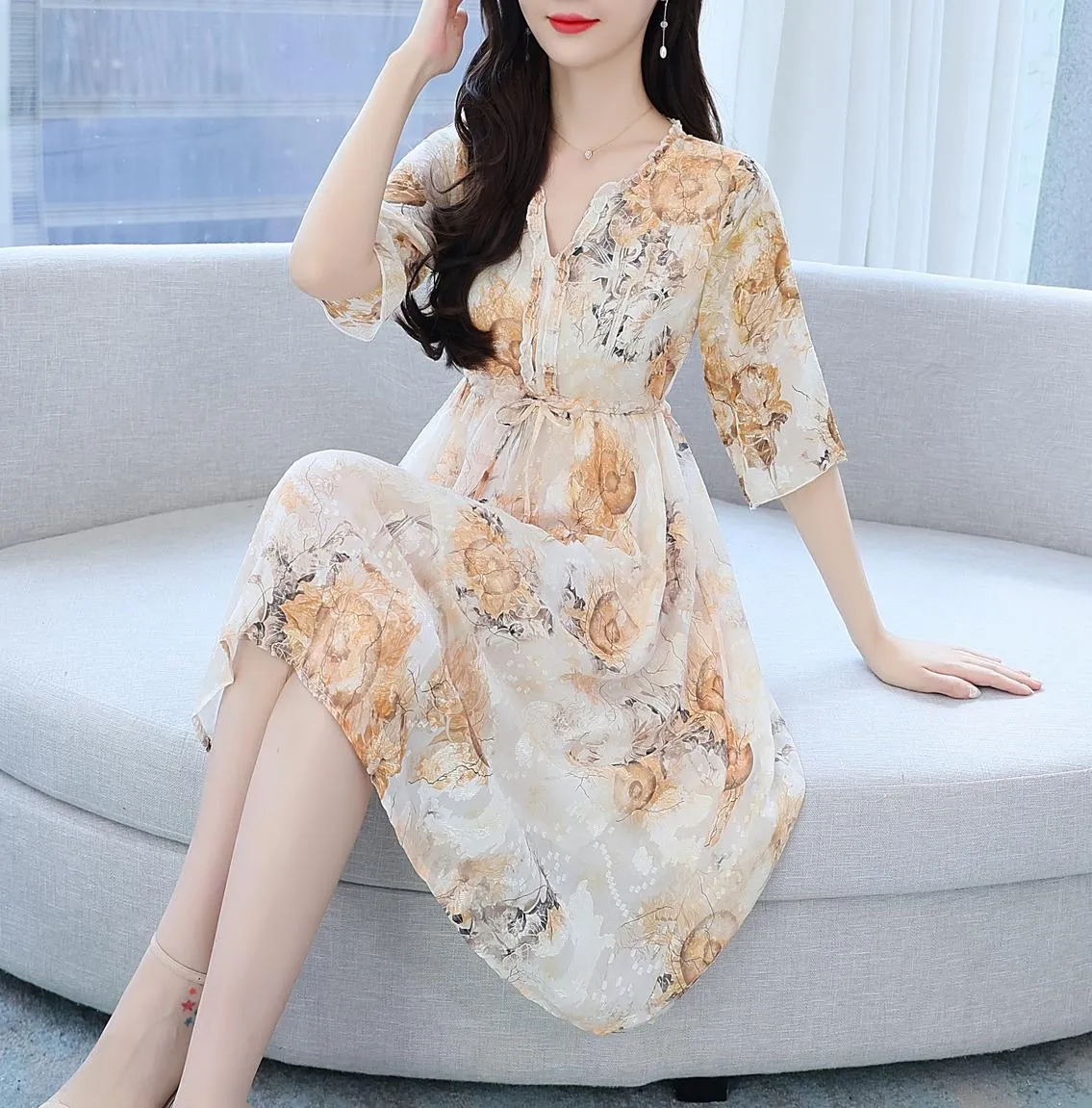 Beautiful V-Neck Beach Dress with Floral Print