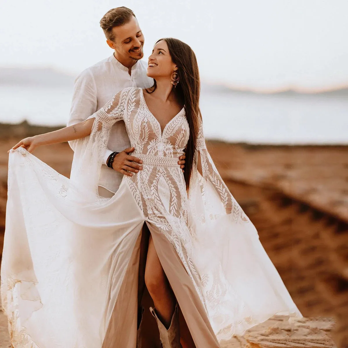 Bell Sleeves Boho Wedding Dress